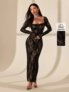 SHEIN PETITE 女款蕾絲方領性感約會派對洋裝 - 黑色 - 查看 2
