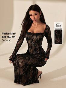 SHEIN PETITE 女款蕾絲方領性感約會派對洋裝 - 黑色 - 查看 11