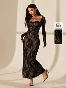 SHEIN PETITE 女款蕾絲方領性感約會派對洋裝 - 黑色 - 查看 8