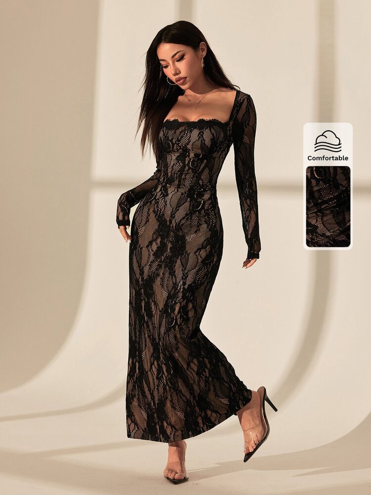 SHEIN PETITE Women's Lace Square Neck Sexy Date Night Out Party Dress Black Lace Summer - Black - View 7