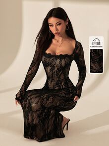 SHEIN PETITE 女款蕾絲方領性感約會派對洋裝 - 黑色 - 查看 7