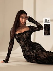 SHEIN PETITE 女款蕾絲方領性感約會派對洋裝 - 黑色 - 查看 5