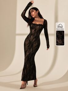 SHEIN PETITE 女款蕾絲方領性感約會派對洋裝 - 黑色 - 查看 9