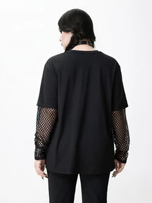 ROMWE Dark Gothic Skull Star Moon Print Mesh Patchwork Plus Size Women Loose T-Shirt - Black - View 2