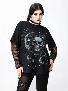 ROMWE Dark Gothic Skull Star Moon Print Mesh Patchwork Plus Size Women Loose T-Shirt - Black - View 4