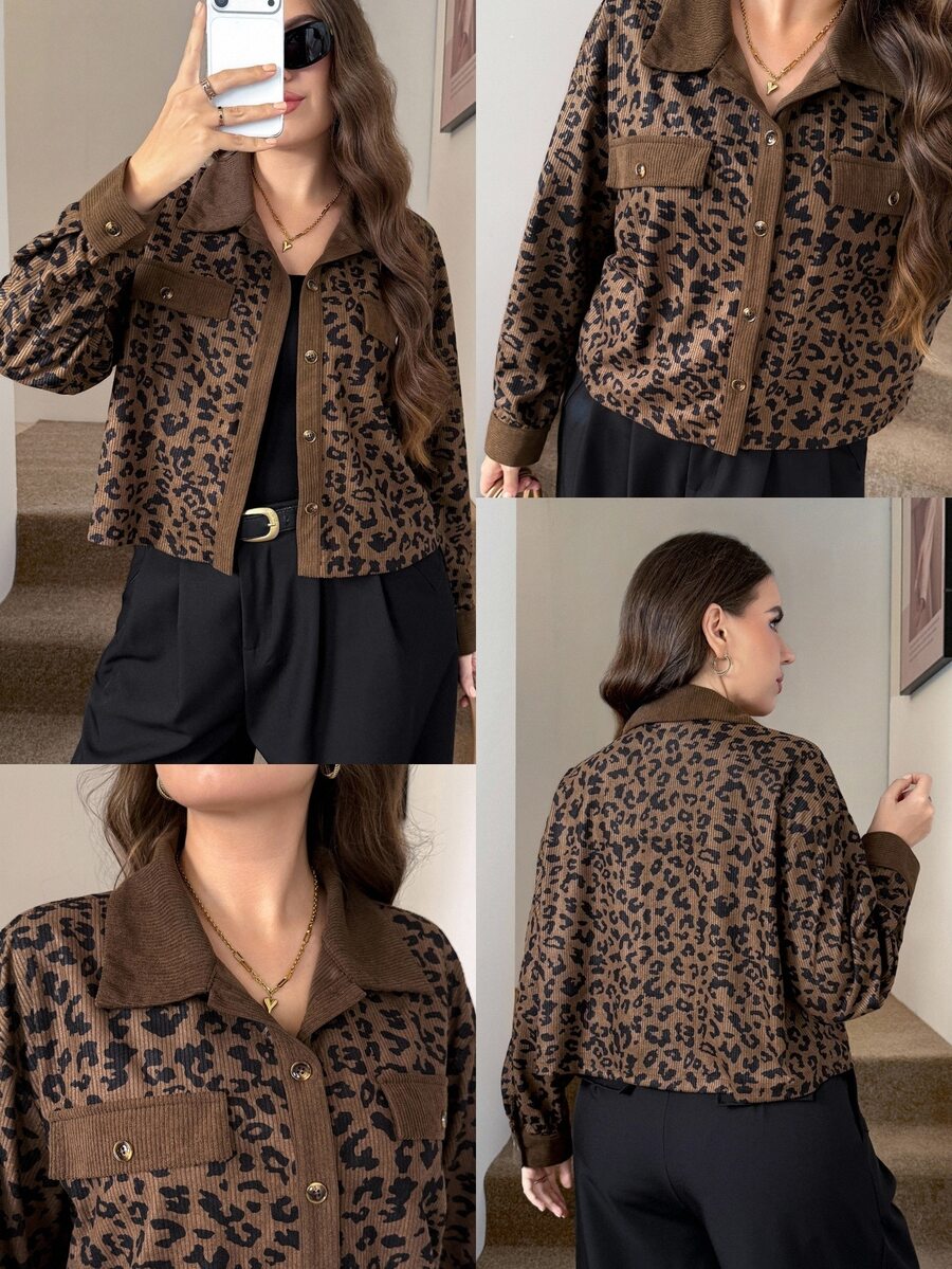 Easowa Curve Plus Size Women's Leopard Print Casual Versatile Everyday Jacket Autumn Fall Brown - Coffee Brown - View 1