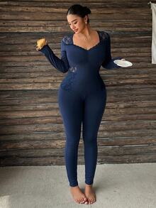 Dazy Plus 2pcs Sheer Lace Elegant Slim Fit Sexy Long Pants Pajama Set, Spring/Autumn - Navy Blue - View 2