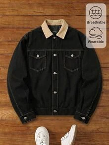 HIMLAND Men's Colorblock Single-Breasted Casual Streetwear Versatile Daily Commute Long Sleeve Jacket Vacation Black Autumn - Black - View 12