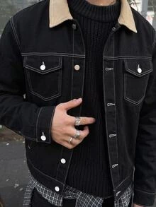 HIMLAND Men's Colorblock Single-Breasted Casual Streetwear Versatile Daily Commute Long Sleeve Jacket Vacation Black Autumn - Black - View 8