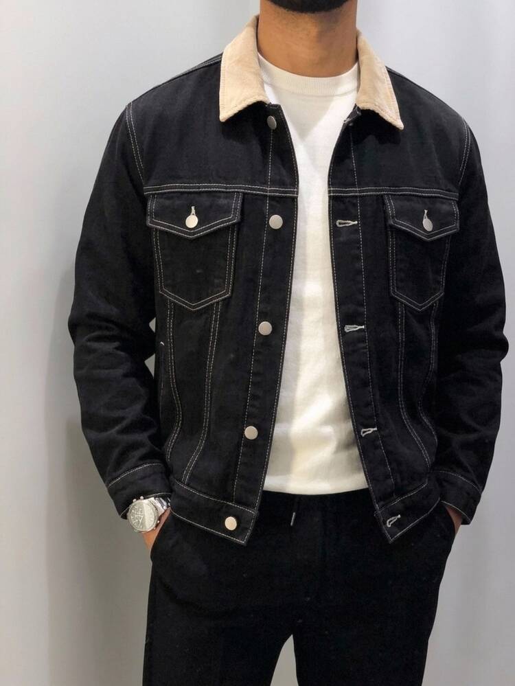 HIMLAND Men's Colorblock Single-Breasted Casual Streetwear Versatile Daily Commute Long Sleeve Jacket Vacation Black Autumn - Black - View 2