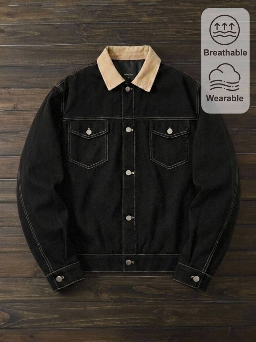 HIMLAND Men's Colorblock Single-Breasted Casual Streetwear Versatile Daily Commute Long Sleeve Jacket Vacation Black Autumn - Black - View 1