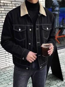 HIMLAND Men's Colorblock Single-Breasted Casual Streetwear Versatile Daily Commute Long Sleeve Jacket Vacation Black Autumn - Black - View 9