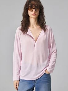 Ontre 女款淡粉色 1/2 鈕扣圓領長袖時尚百搭 T-shirt 休閒居家旅行秋季休閒穿搭 - 淺粉色 - 查看 3