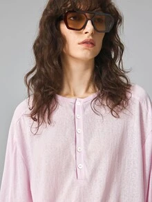 Ontre 女款淡粉色 1/2 鈕扣圓領長袖時尚百搭 T-shirt 休閒居家旅行秋季休閒穿搭 - 淺粉色 - 查看 4