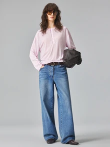 Ontre 女款淡粉色 1/2 鈕扣圓領長袖時尚百搭 T-shirt 休閒居家旅行秋季休閒穿搭 - 淺粉色 - 查看 5