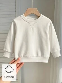 SHEIN 1件嬰幼兒男女通用 6個月-3歲休閒白色長袖圓領套頭運動衫 秋季基本款簡約百搭 - 白色 - 查看 2