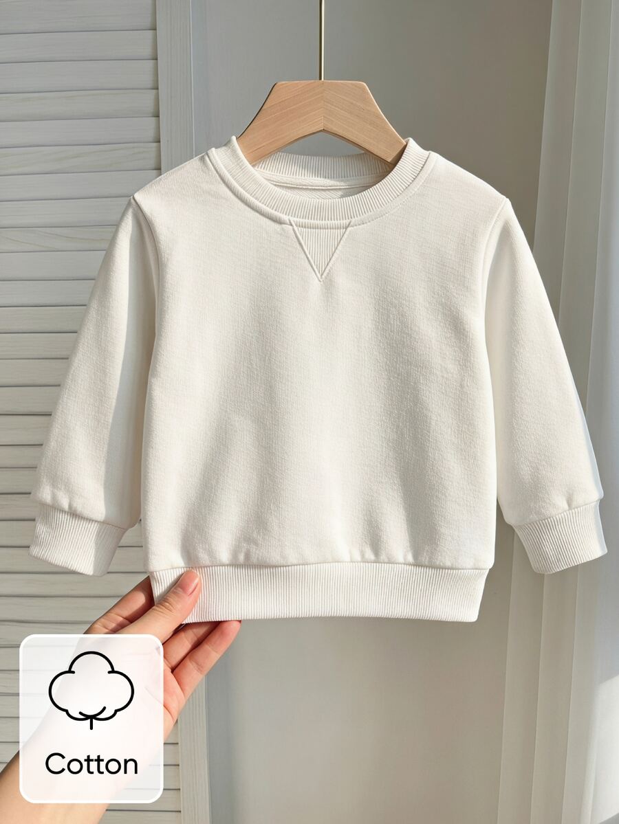 SHEIN 1件嬰幼兒男女通用 6個月-3歲休閒白色長袖圓領套頭運動衫 秋季基本款簡約百搭