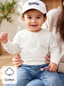 SHEIN 1件嬰幼兒男女通用 6個月-3歲休閒白色長袖圓領套頭運動衫 秋季基本款簡約百搭 - 白色 - 查看 3