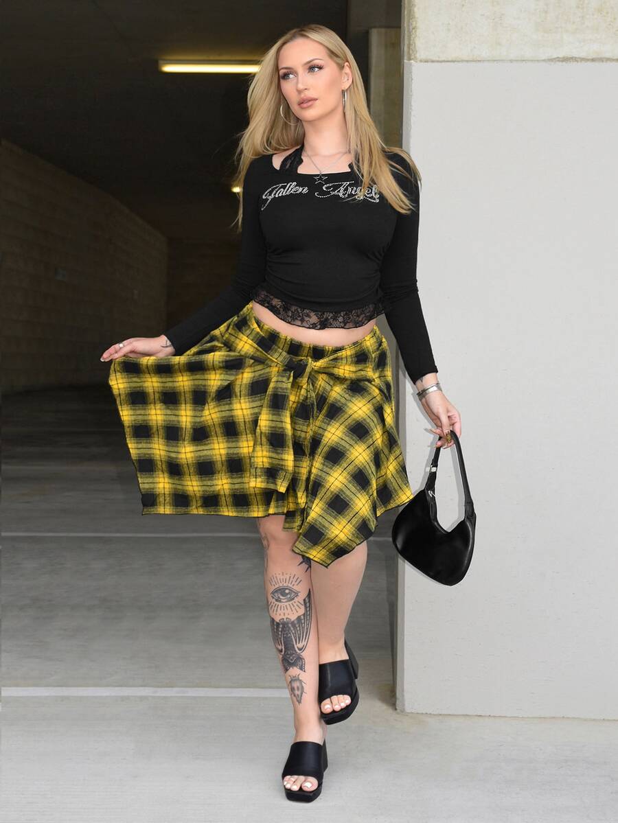 Grunge Punk ROMWE X Arliah Grunge Vintage Distressed Plaid Lace-Up Asymmetric Layered Skirt - Multicolor - View 1