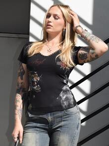 ROMWE Avant ROMWE X Arliah Summer Outfits Sexy Vintage New Chinese Style Tiger Bead Print Tight Fit Women T-Shirt - Black - View 4