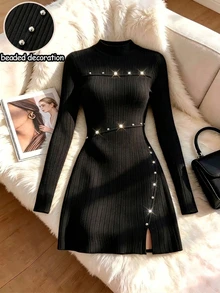 GlowEve Women's Rhinestone Design Stand Collar Long Sleeve Ribbed Side Slit Hem Dress - Black - View 6