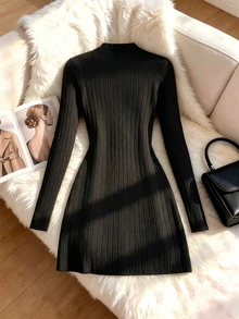 GlowEve Women's Rhinestone Design Stand Collar Long Sleeve Ribbed Side Slit Hem Dress - Black - View 2