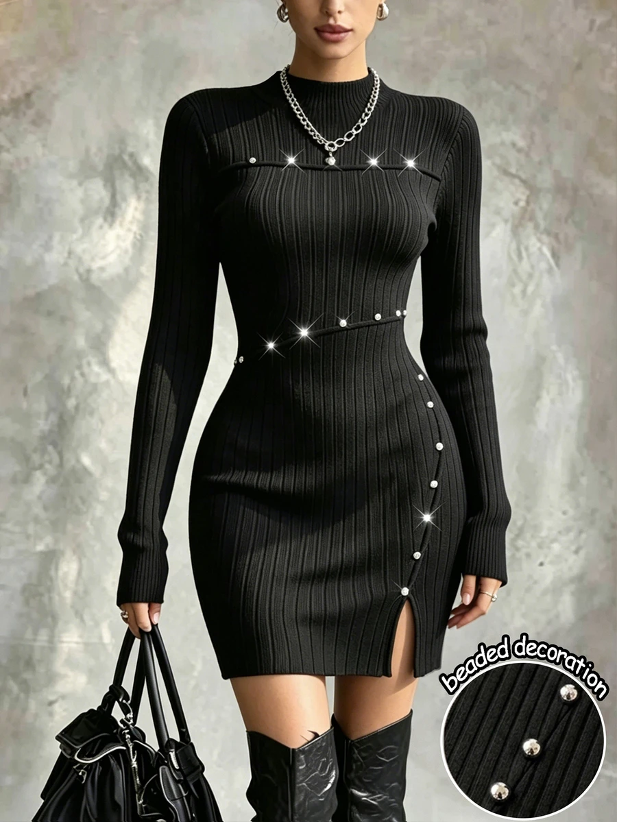GlowEve Women's Rhinestone Design Stand Collar Long Sleeve Ribbed Side Slit Hem Dress - Black - View 1