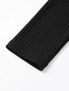 GlowEve Women's Rhinestone Design Stand Collar Long Sleeve Ribbed Side Slit Hem Dress - Black - View 3