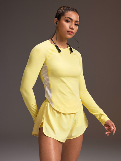 Powerista Women's Colorblock Long Sleeve Top And Shorts Casual Daily Sports Set Yellow Running, Exercise, And Fitness Long-Sleeved And Shorts Workout Set