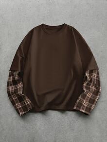 Mainfolk Men's Casual Commute Street Plaid Patchwork Mock Layered Patchwork Contrast Color 2 In 1 T-Shirt Autumn City Break , Street T-Shirt, Long Sleeve Top, Football - Coffee Brown - View 3