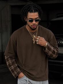 Mainfolk Men's Casual Commute Street Plaid Patchwork Mock Layered Patchwork Contrast Color 2 In 1 T-Shirt Autumn City Break , Street T-Shirt, Long Sleeve Top, Football - Coffee Brown - View 2