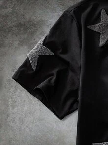 GETOML 男士街頭風星星印花刺繡T恤，城市度假街頭風熱門穿搭短袖，戶外音樂節禮物，足球 - 黑色 - 查看 7