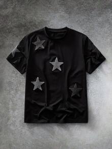 GETOML 男士街頭風星星印花刺繡T恤，城市度假街頭風熱門穿搭短袖，戶外音樂節禮物，足球 - 黑色 - 查看 4