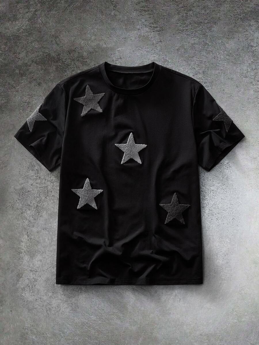 GETOML Men's Streetwear Star Print Embroidered T-Shirt, City Break Street-Style Popular Matching Tee, Outdoor Music Festival Gift, Football
