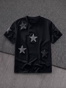 GETOML 男士街頭風星星印花刺繡T恤，城市度假街頭風熱門穿搭短袖，戶外音樂節禮物，足球 - 黑色 - 查看 10