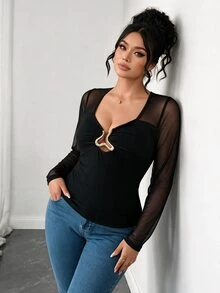 SHEIN Clasi CURVE Kaos Ukuran Besar Musim Semi/Gugur Desain Gesper Logam Patchwork Jala Seksi untuk Acara Keluar Malam, Klub, Halloween, Natal, Hari Valentine, Serbaguna, Warna Hitam - Hitam - View 7