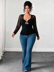 SHEIN Clasi CURVE Kaos Ukuran Besar Musim Semi/Gugur Desain Gesper Logam Patchwork Jala Seksi untuk Acara Keluar Malam, Klub, Halloween, Natal, Hari Valentine, Serbaguna, Warna Hitam - Hitam - View 5
