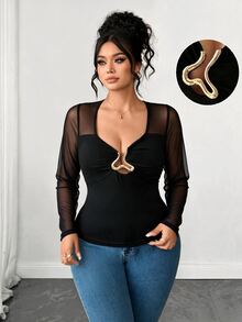 SHEIN Clasi CURVE Kaos Ukuran Besar Musim Semi/Gugur Desain Gesper Logam Patchwork Jala Seksi untuk Acara Keluar Malam, Klub, Halloween, Natal, Hari Valentine, Serbaguna, Warna Hitam - Hitam - View 6