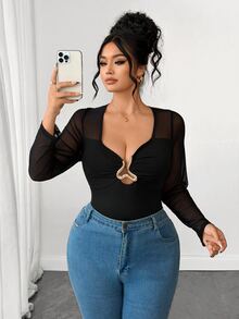SHEIN Clasi CURVE Kaos Ukuran Besar Musim Semi/Gugur Desain Gesper Logam Patchwork Jala Seksi untuk Acara Keluar Malam, Klub, Halloween, Natal, Hari Valentine, Serbaguna, Warna Hitam - Hitam - View 8