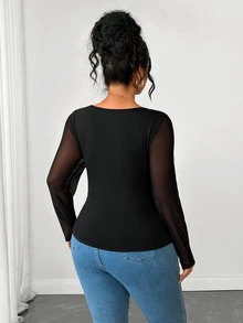 SHEIN Clasi CURVE Kaos Ukuran Besar Musim Semi/Gugur Desain Gesper Logam Patchwork Jala Seksi untuk Acara Keluar Malam, Klub, Halloween, Natal, Hari Valentine, Serbaguna, Warna Hitam - Hitam - View 2