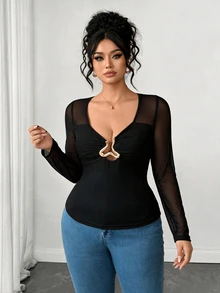 SHEIN Clasi CURVE Kaos Ukuran Besar Musim Semi/Gugur Desain Gesper Logam Patchwork Jala Seksi untuk Acara Keluar Malam, Klub, Halloween, Natal, Hari Valentine, Serbaguna, Warna Hitam - Hitam - View 3