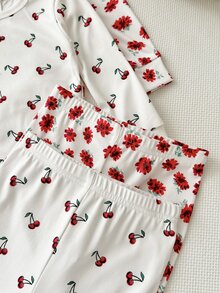 LMoss Kids 女嬰貼身睡衣套裝 櫻桃與花卉圓領長袖套頭上衣 鬆緊腰長褲 緊身 4件組 - 彩色 - 查看 4