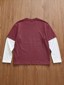 SWAVVY Men's Knit Fashion Daily Young Casual English Print Patchwork Loose Long Sleeve T-Shirt - Burgundy - View 5