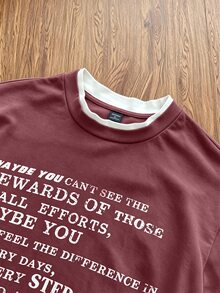 SWAVVY Men's Knit Fashion Daily Young Casual English Print Patchwork Loose Long Sleeve T-Shirt - Burgundy - View 2