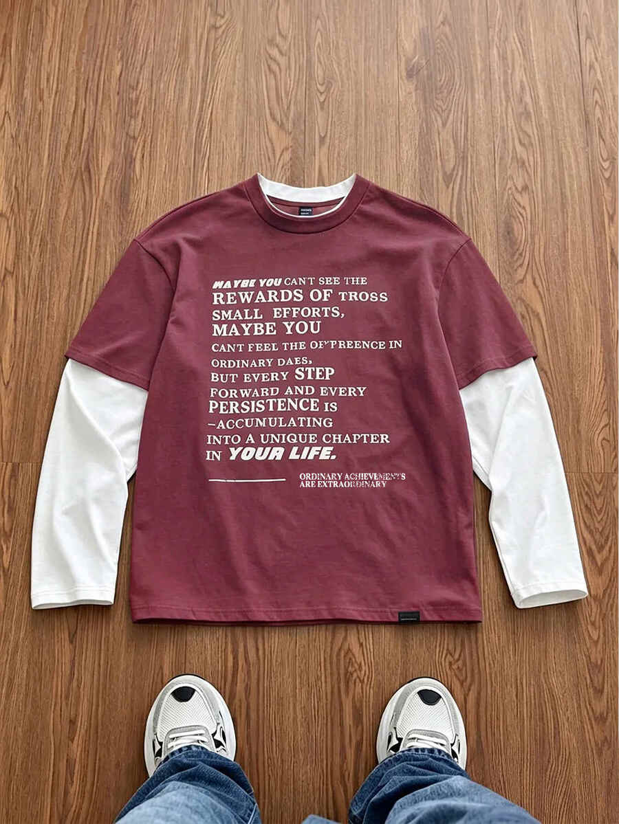 SWAVVY Men's Knit Fashion Daily Young Casual English Print Patchwork Loose Long Sleeve T-Shirt - Burgundy - View 1