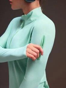 Powerista Solid Color Front Zipper Slim Fit Sports Jacket Mint Green Sleeves With Storage Pockets, Reflective Running Jacket, Suitable For Fitness And Workout - Mint Green - View 8