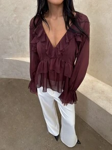 Aloruh Women's Solid Color Patchwork Ruffle Long Sleeve Fashion Blouse Autumn Outfits For Women  Romantic Dark Brown Ruffled V-Neck Shirt - Purple - View 4