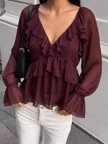 Aloruh Women's Solid Color Patchwork Ruffle Long Sleeve Fashion Blouse Autumn Outfits For Women  Romantic Dark Brown Ruffled V-Neck Shirt - Purple - View 3