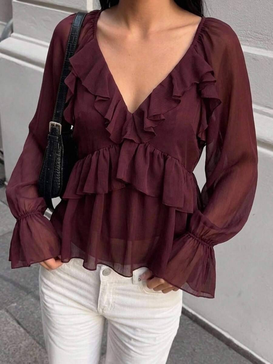Aloruh Women's Solid Color Patchwork Ruffle Long Sleeve Fashion Blouse Autumn Outfits For Women  Romantic Dark Brown Ruffled V-Neck Shirt - Purple - View 1