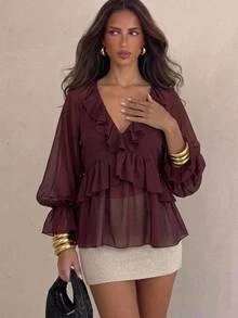 Aloruh Women's Solid Color Patchwork Ruffle Long Sleeve Fashion Blouse Autumn Outfits For Women  Romantic Dark Brown Ruffled V-Neck Shirt - Purple - View 1
